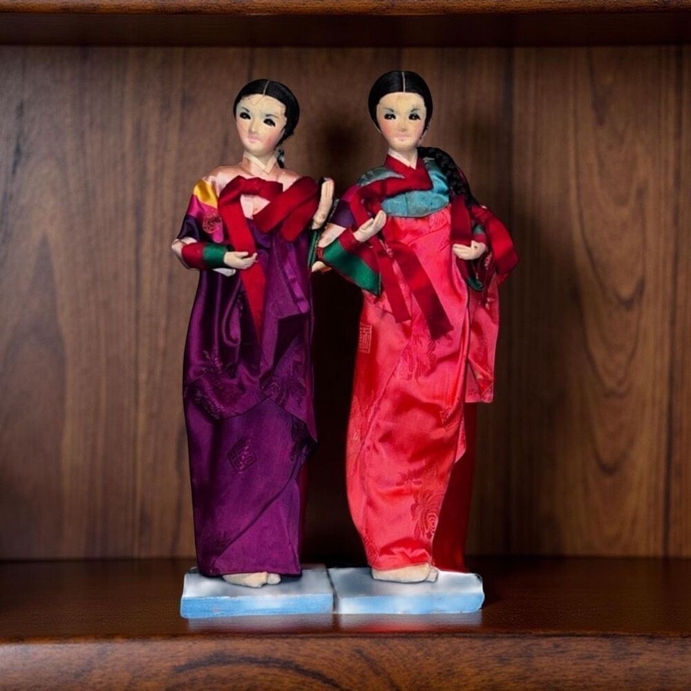 2 Vintage Handmade Bradley Korean Geisha Dolls on Stands 14"